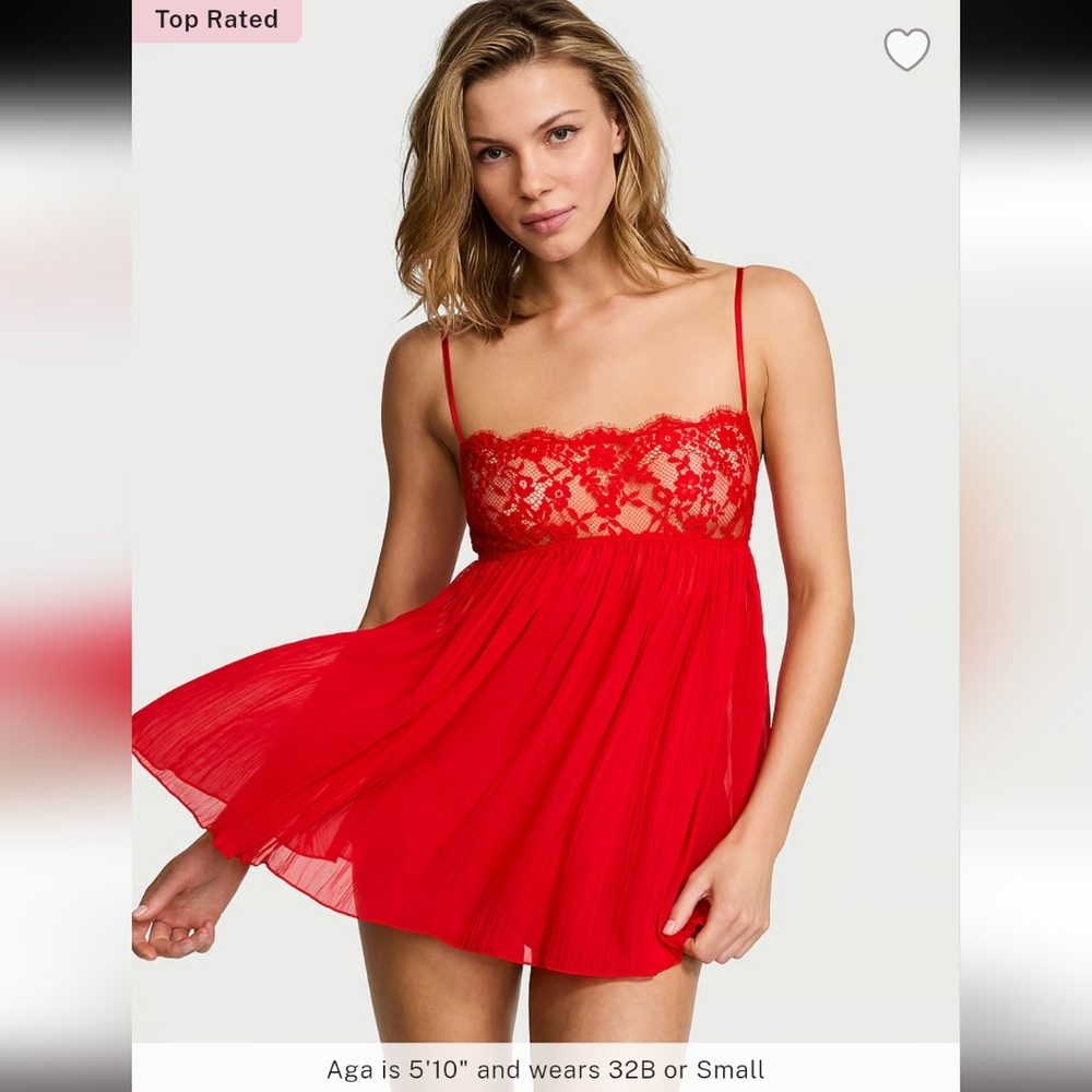 SOLD Victoria's Secret Dream Angels Dare to Dream Red Lace Pleated Babydoll Sm - Picture 2 of 11